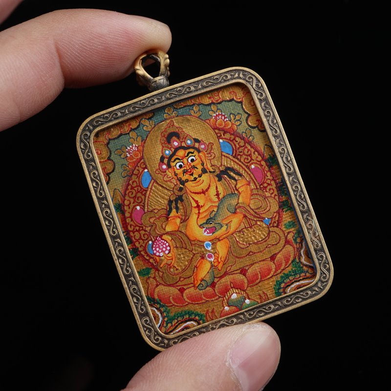 Tibetan Hand-Painted Yellow Dzambhala Thangka Pendant