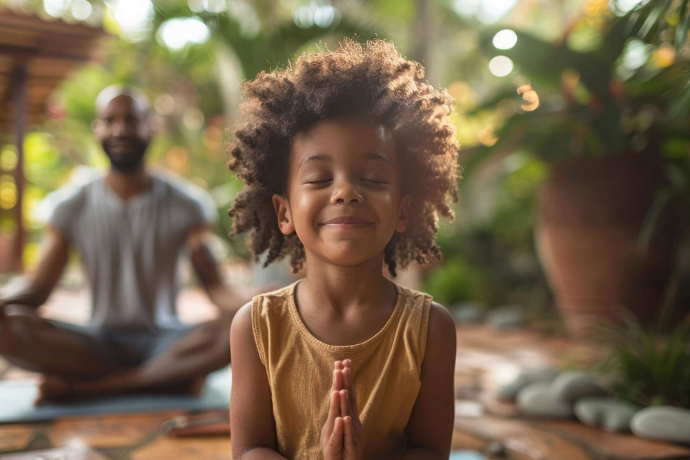 Smiling child meditating with hands in prayer position, eyes closed, in a peaceful outdoor setting.