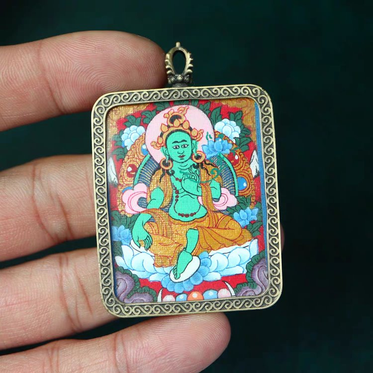 Tibetan Hand-Painted Green Tara Thangka Pendant