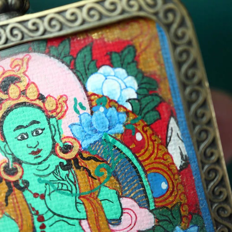 Tibetan Hand-Painted Green Tara Thangka Pendant
