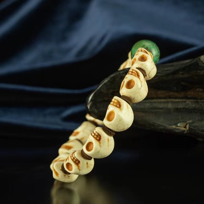 Old Tibetan Ceramic Bead Skull Wrist Mala