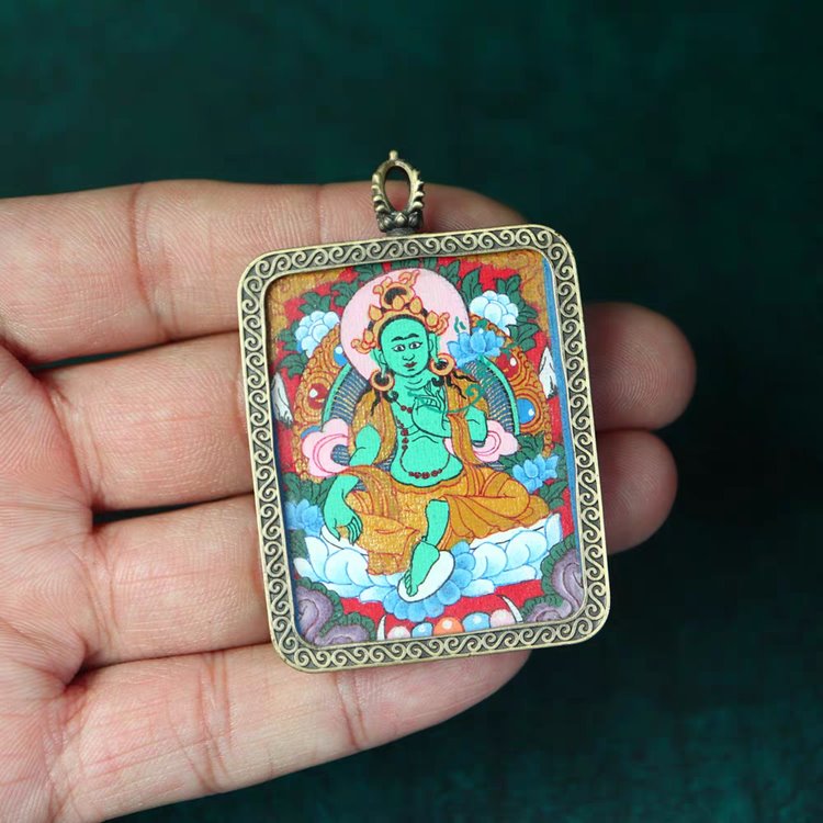 Tibetan Hand-Painted Green Tara Thangka Pendant