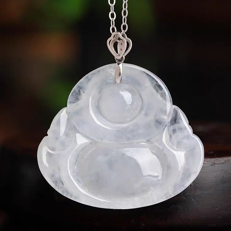 Clear White Jade Lady Laughing Buddha Pendant