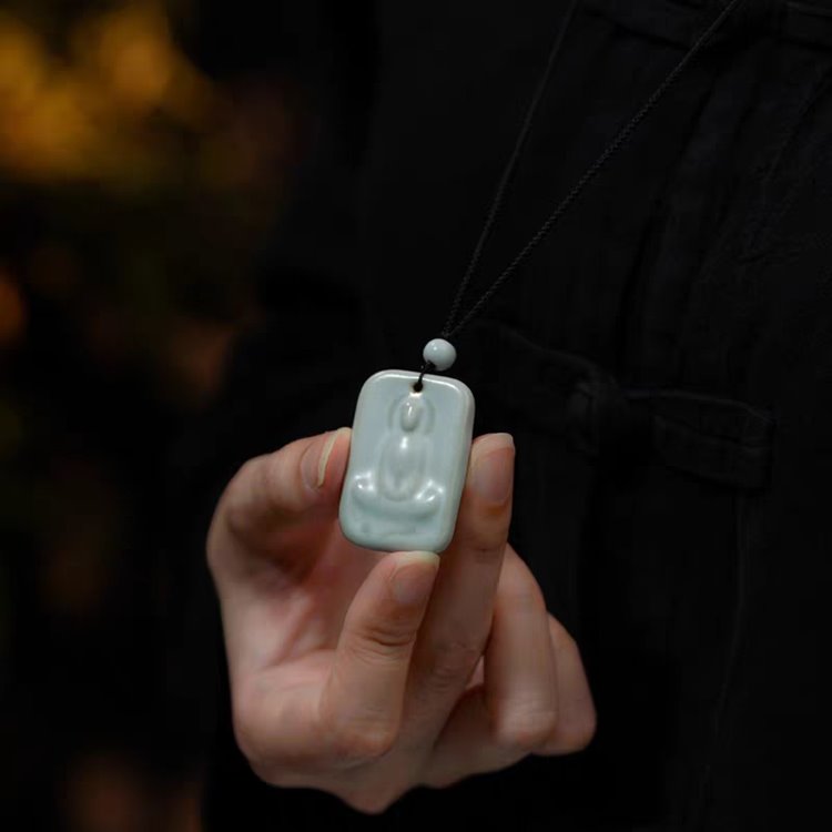 Blue Porcelain Ceramic Dhyana Mudra Buddha Pendant