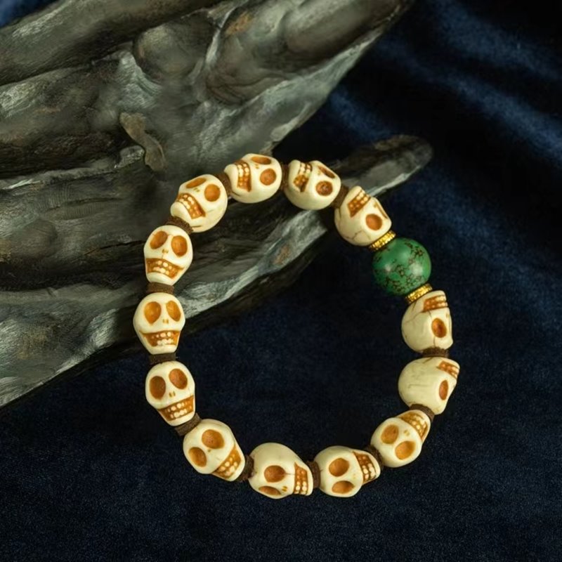 Old Tibetan Ceramic Bead Skull Wrist Mala