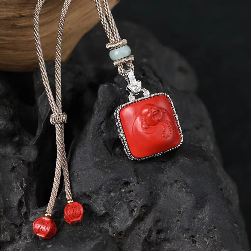 Cinnabar Laughing Buddha Necklace