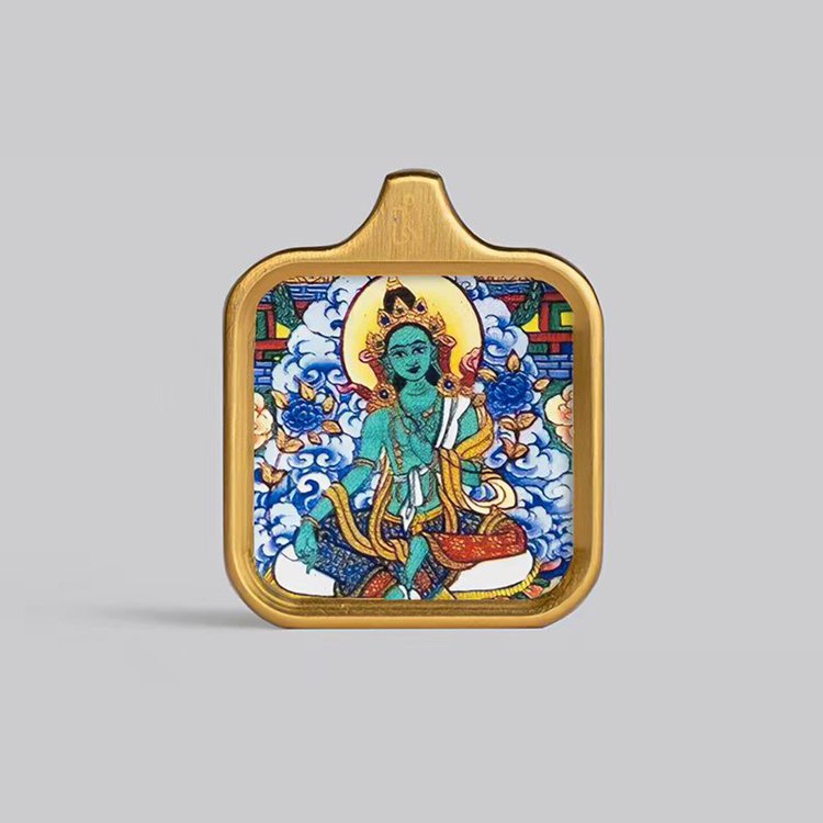 Square-Framed Green Tara Thangka Pendant