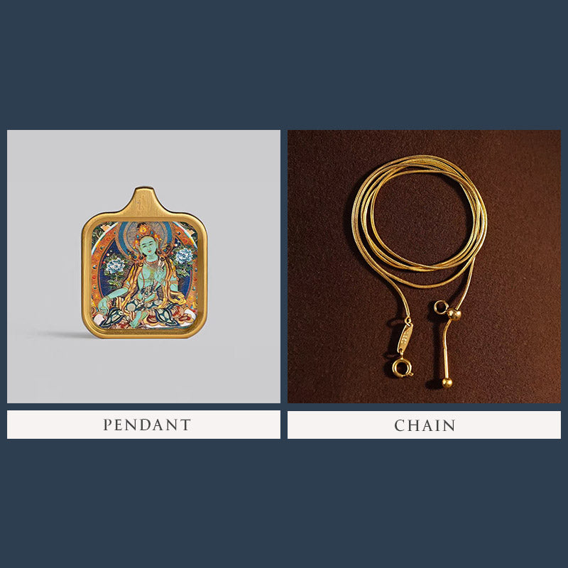 Square-Framed Green Tara Thangka Pendant