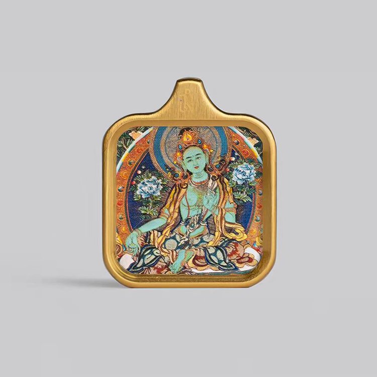 Square-Framed Green Tara Thangka Pendant