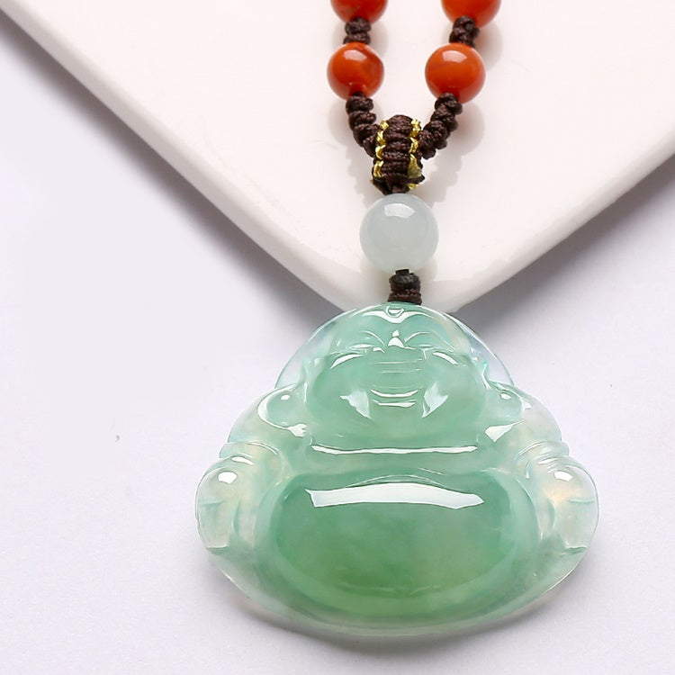 Light Green Real Jade Laughing Buddha Necklace