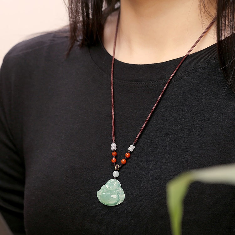 Light Green Real Jade Laughing Buddha Necklace