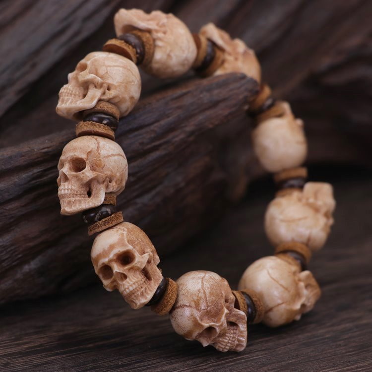 Tibetan Deer Antler Big Skull Mala Bracelet 9 Beads