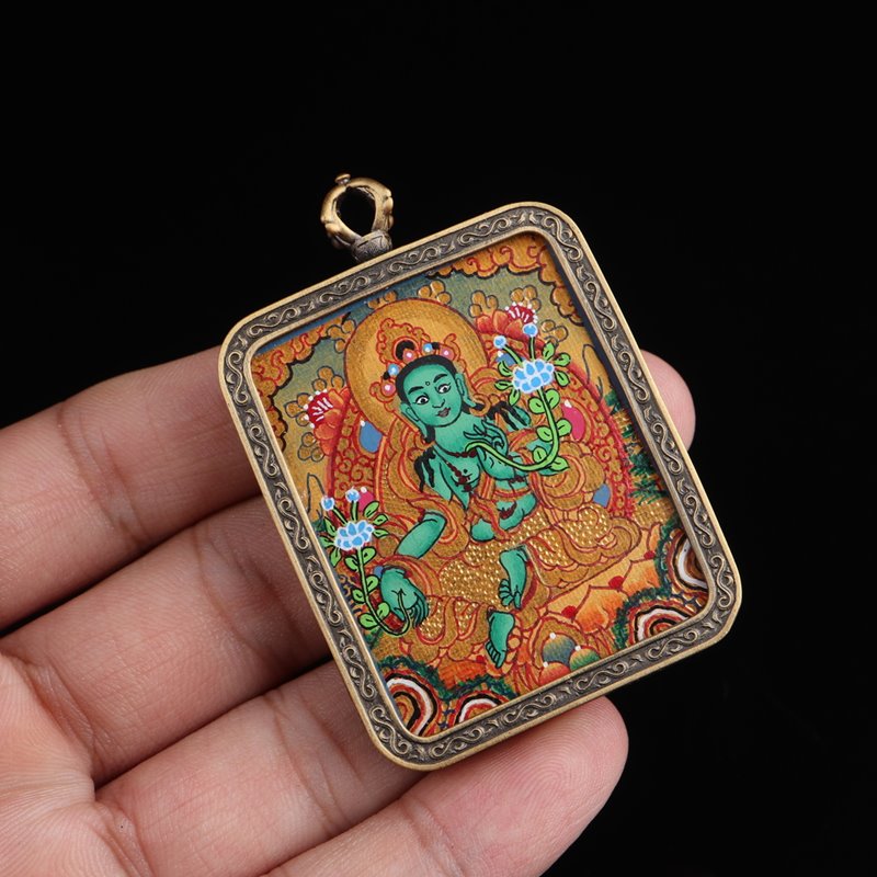 Tibetan Hand-Painted Green Tara Thangka Pendant