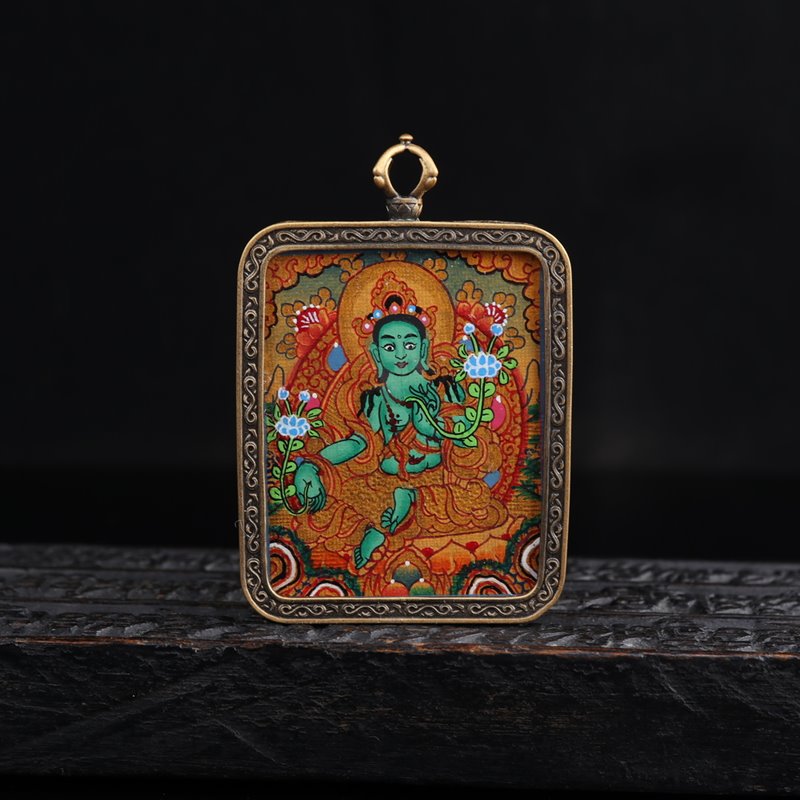 Tibetan Hand-Painted Green Tara Thangka Pendant