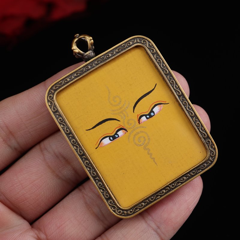 Tibetan Hand-Painted Yellow Buddha's Eyes Thangka Pendant