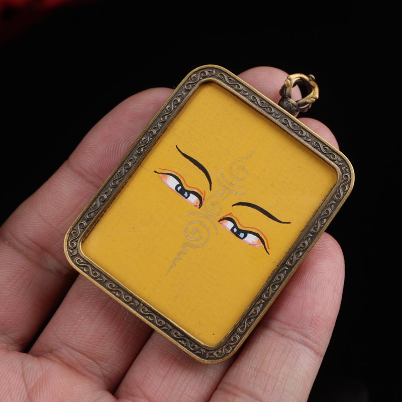 Tibetan Hand-Painted Yellow Buddha's Eyes Thangka Pendant