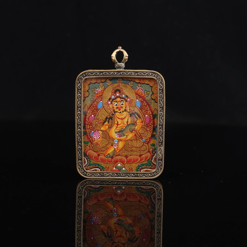 Tibetan Hand-Painted Yellow Dzambhala Thangka Pendant