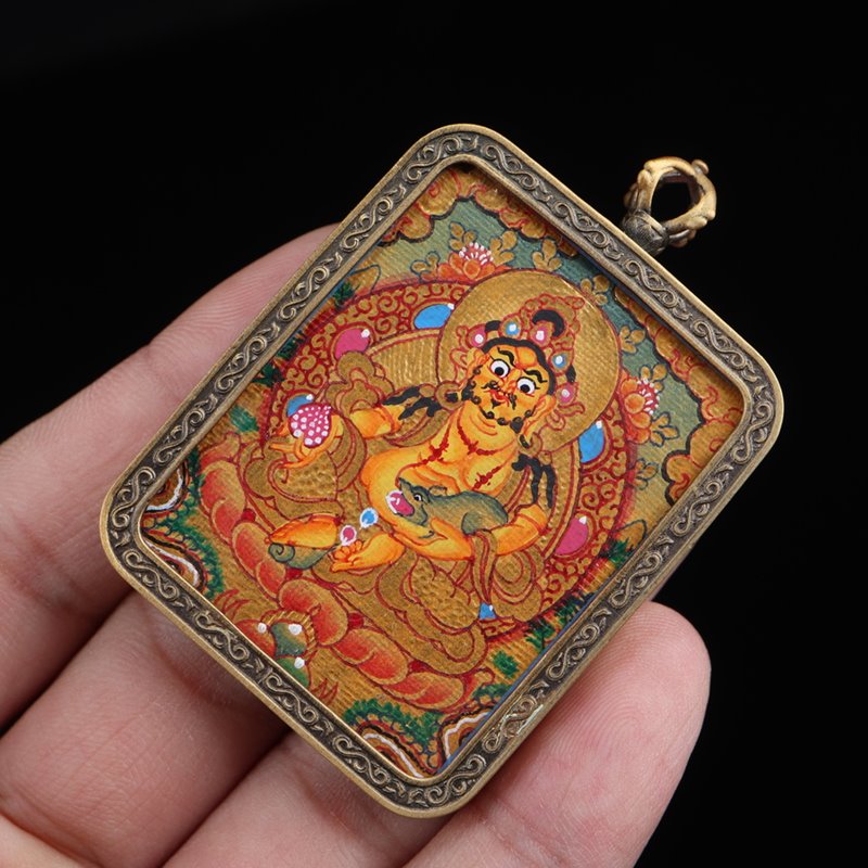 Tibetan Hand-Painted Yellow Dzambhala Thangka Pendant