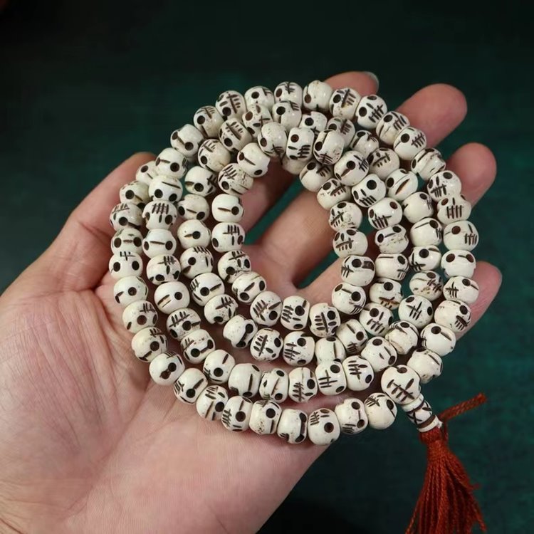 Tibetan Impermanence Yak Bone Skull Mala Necklace