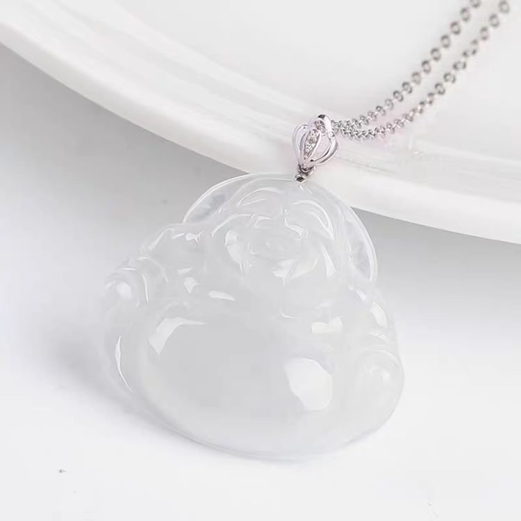 Clear White Jade Lady Laughing Buddha Pendant