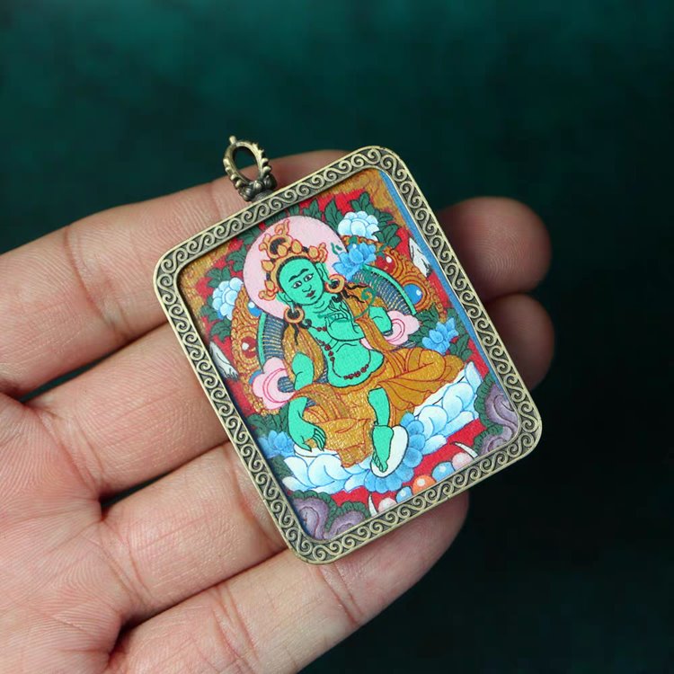Tibetan Hand-Painted Green Tara Thangka Pendant