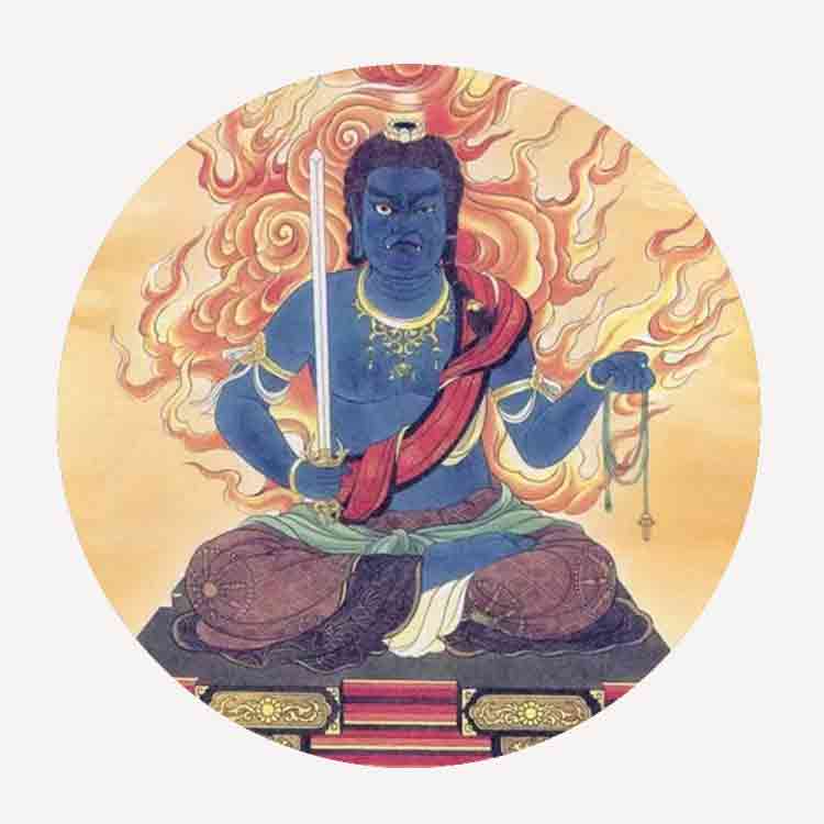 A circular traditional artwork depicting a seated blue-skinned deity with a sword and red draped cloth, surrounded by orange and yellow flames on a light beige background.