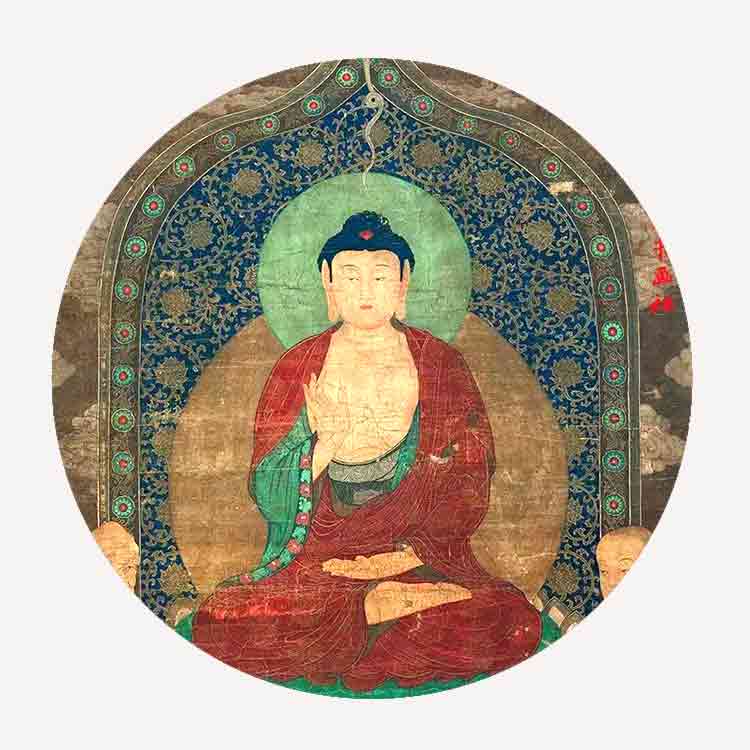 A circular ancient-style painting of a seated Buddha figure with a red robe, green accents, and a blue patterned halo background, shown on a light neutral backdrop.