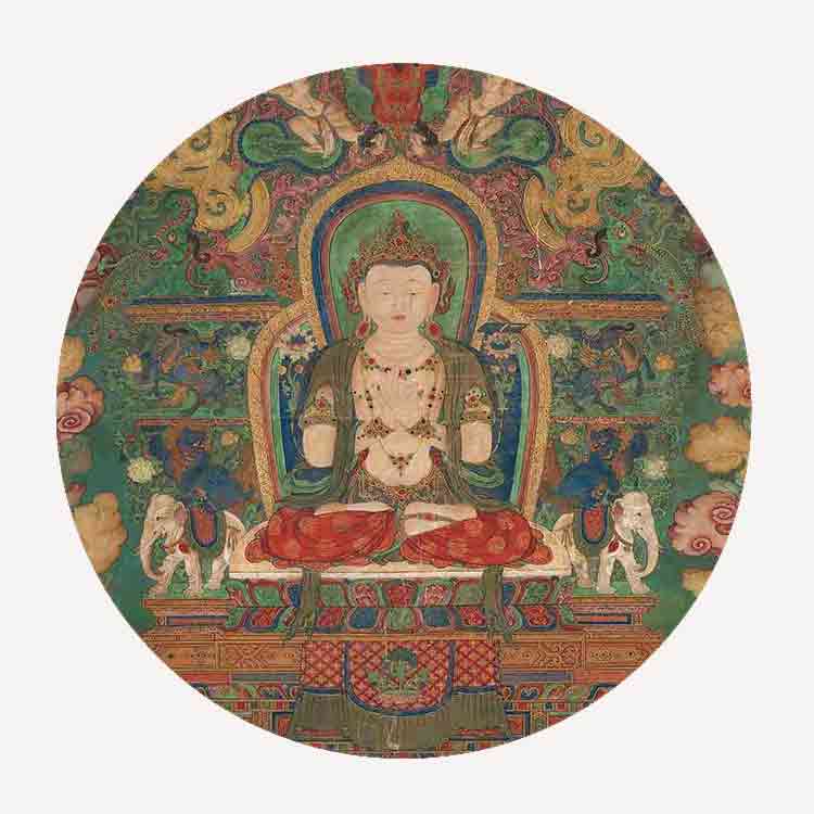 Circular artwork of a seated figure in traditional robes with intricate patterns