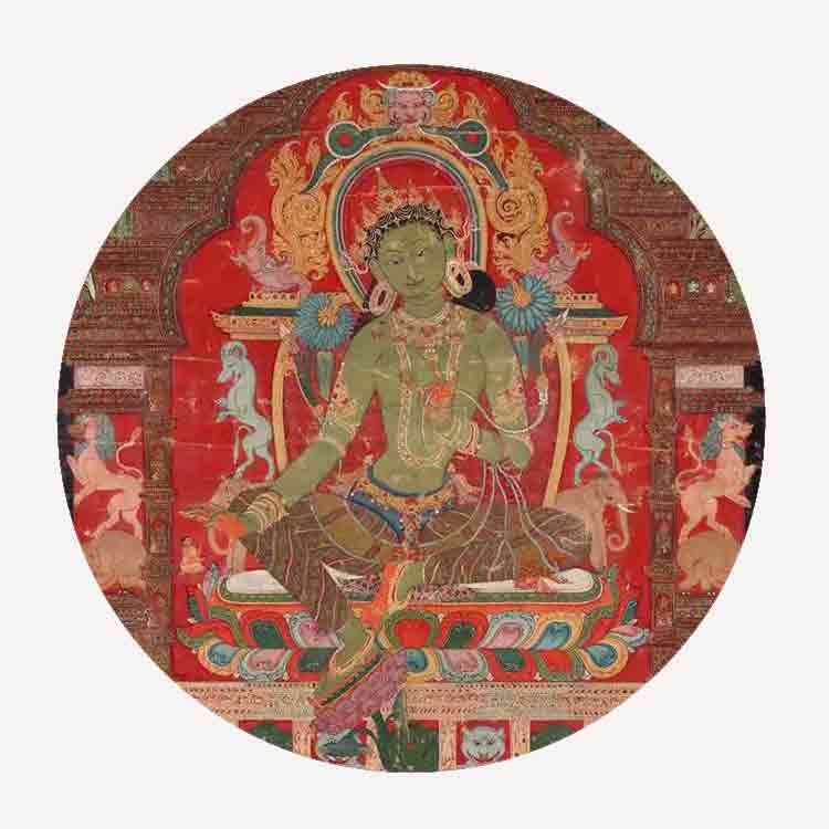 A circular traditional artwork depicting a seated green-skinned deity on a red throne, surrounded by ornate gold and blue details, shown against a light beige background.