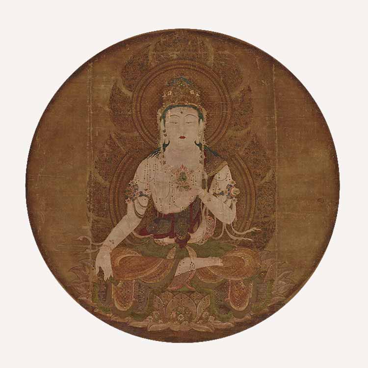 A circular antique Buddhist painting depicting a seated deity with a halo, rendered in earthy brown, gold, and muted green tones on a light off-white background.