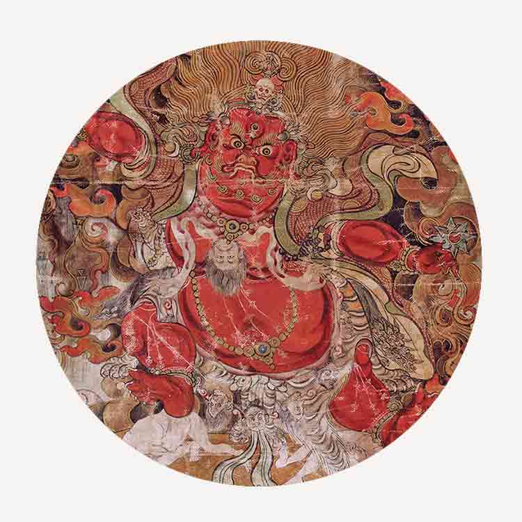 A circular art print featuring a traditional Chinese Buddhist deity or guardian figure in red robes with gold details, set against a light gray background.