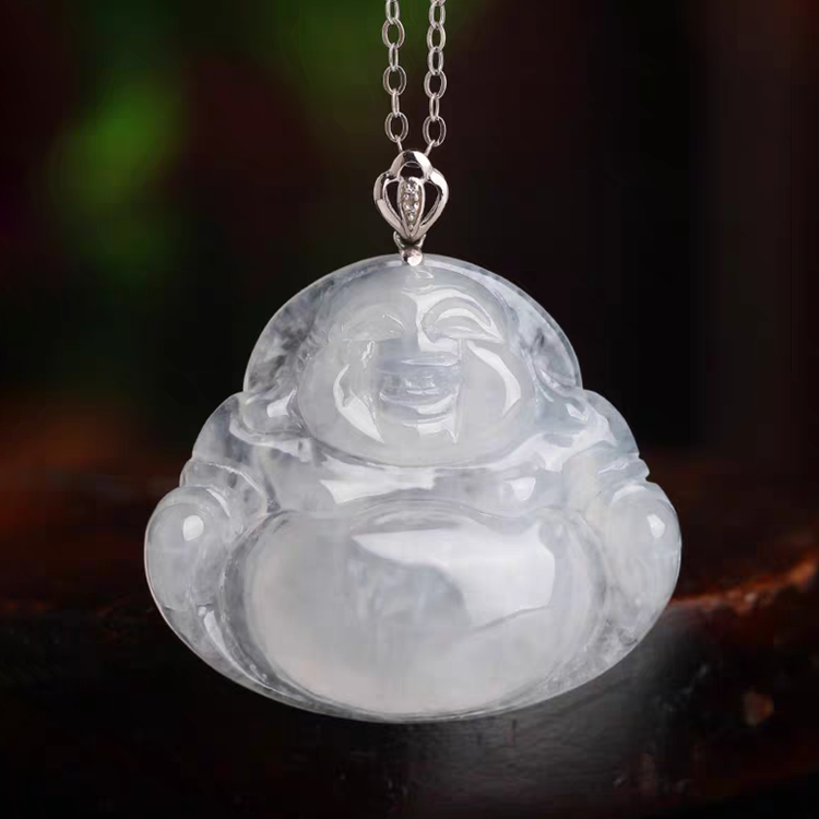 Clear White Jade Lady Laughing Buddha Pendant
