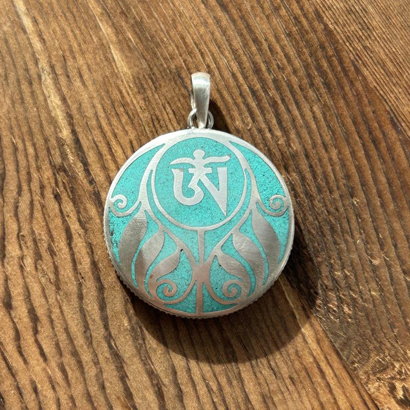 Crushed Turquoise Silver Om Lotus Nepali Necklace