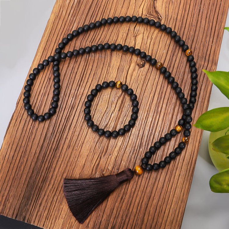 Black Onyx Tiger's Eye Meditation Beads Necklace - mantrapiece.com