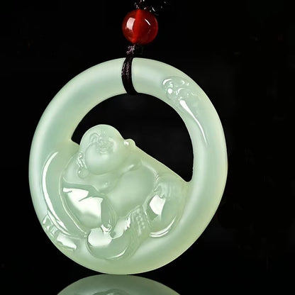Green Jade Laughing Buddha Pendant - mantrapiece.com