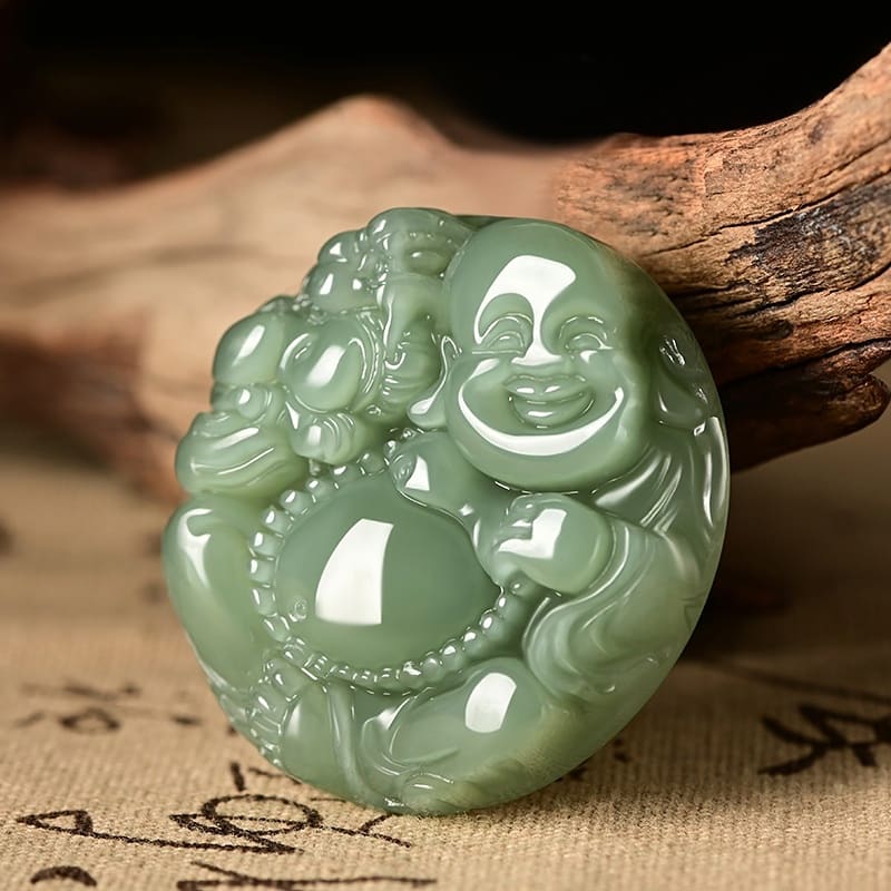 Green Jade Laughing Buddha Pendant - mantrapiece.com