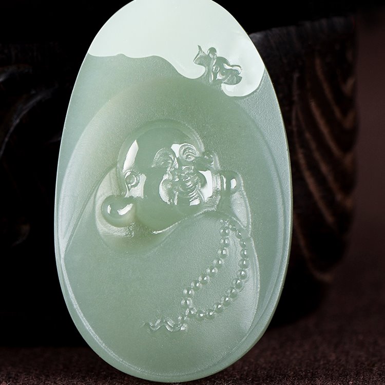 Jade Oval Laughing Buddha Pendant - mantrapiece.com