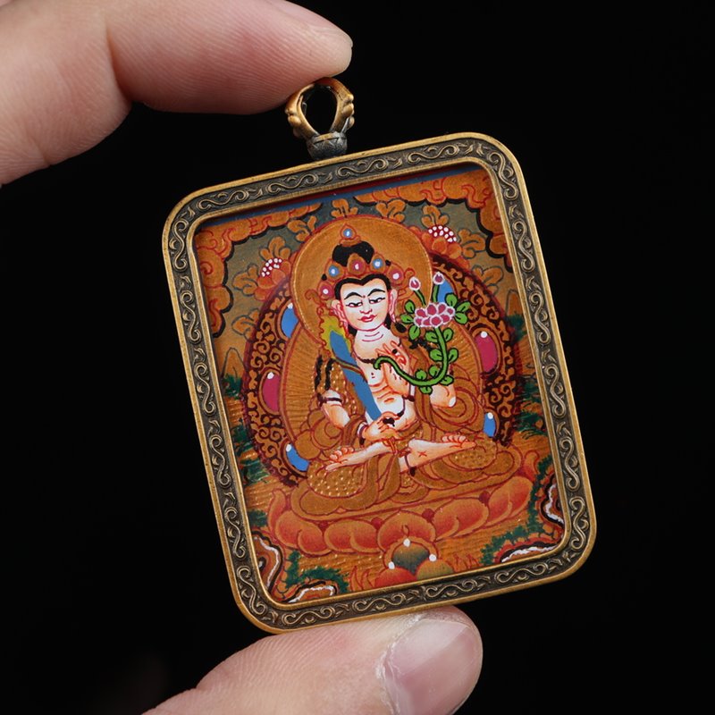 Akasagarbha Thangka: Tibetan Painted Thangka Pendant - Mantrapiece.com