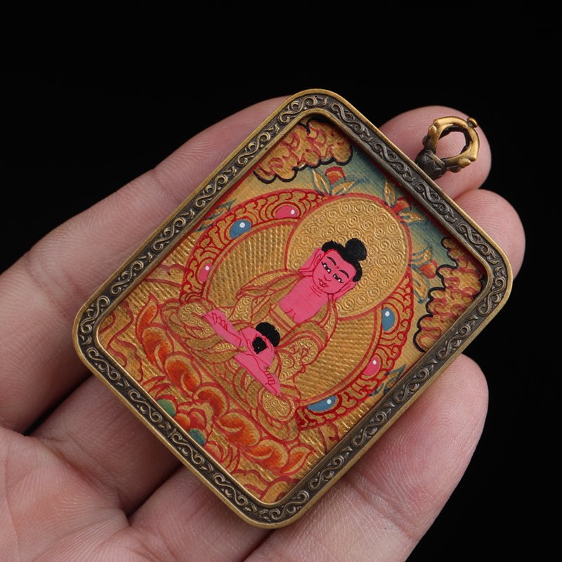 Tibetan Hand-Painted Amitabha Buddha Thangka Pendant - mantrapiece.com