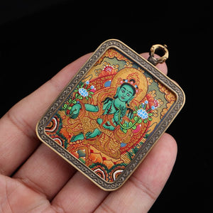 Tibetan Hand-Painted Green Tara Thangka Pendant