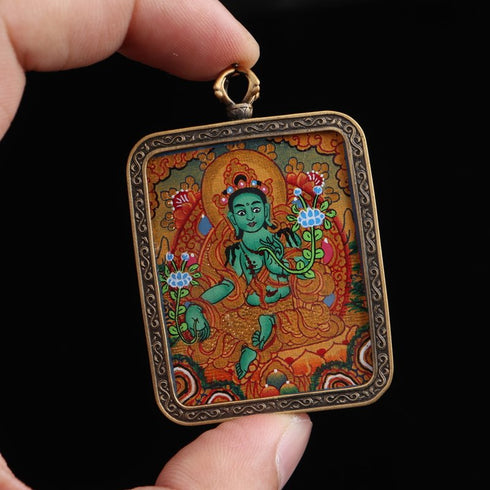 Green Tara Thangka: Tibetan Hand-Painted Thangka Pendant - Mantrapiece