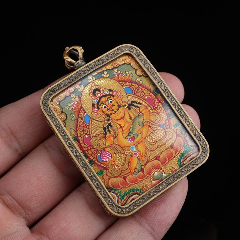 Tibetan Hand-Painted Yellow Dzambhala Thangka Pendant - mantrapiece.com
