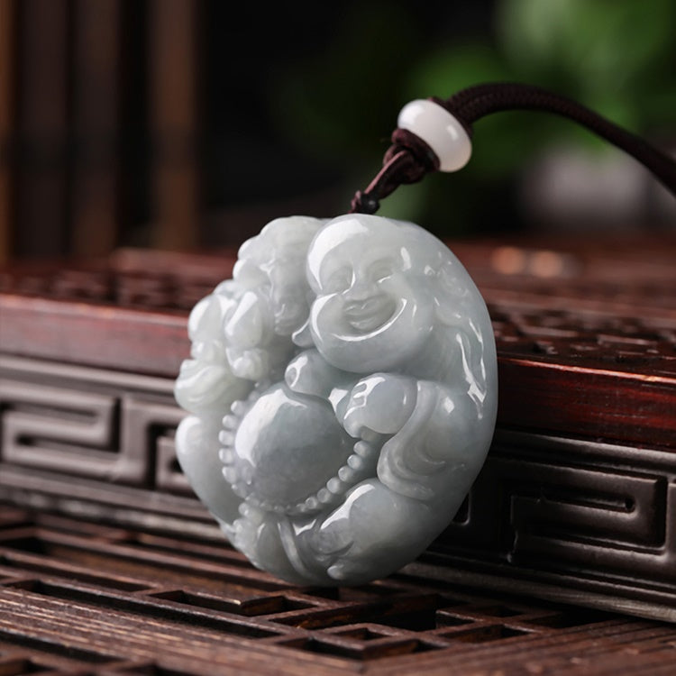 White Jade Laughing Buddha Pendant - mantrapiece.com