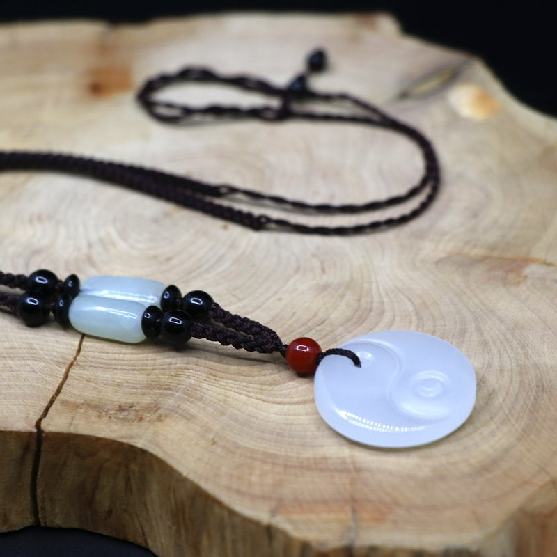 Yin Yang Pendant: Made of White Jade - Rope Necklace - Mantrapiece.com